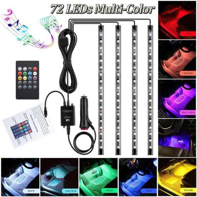 Car LED Strip Light, 4pcs 72 LED DC 12V Multicolor Music Car Interior Light LED Under Dash Lighting Kit with Sound Active