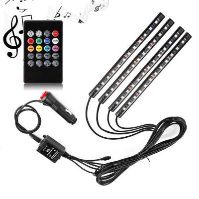 Car LED Strip Light DC12V 4Pcs 36LED Wireless Remote Control Multicolor Music Car Interior Atmosphere USB Lights for Car TV Home